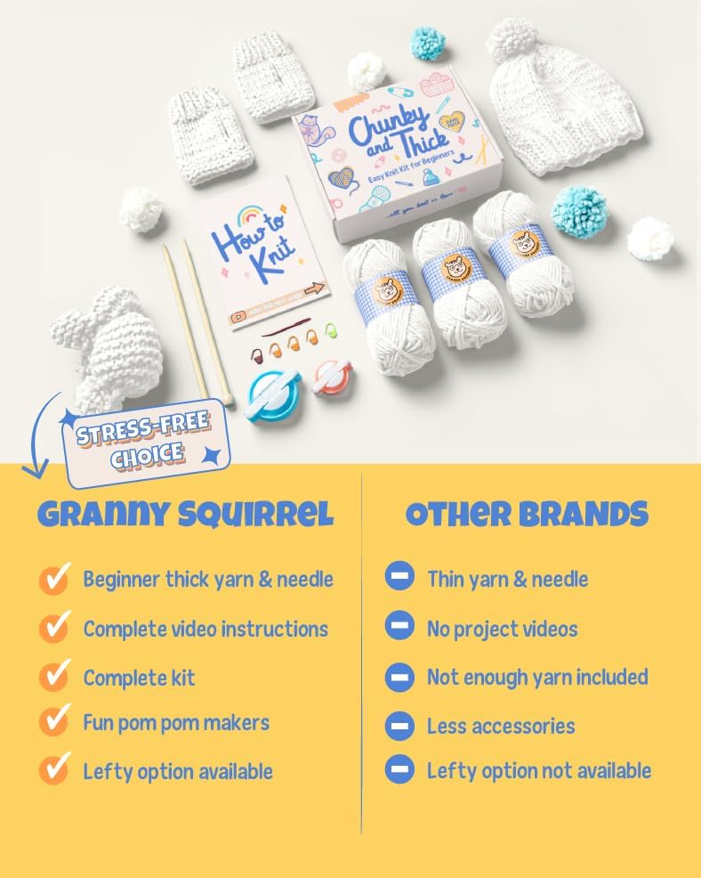 Granny Squirrel Complete Knitting Kit for Beginners - Learn to Knit Kit with Knitting Accessories Like Thick Beginner Ivory Yarn, Bamboo Needles for Beginners & More - Includes Video Tutorials & Written Guide - Image 5